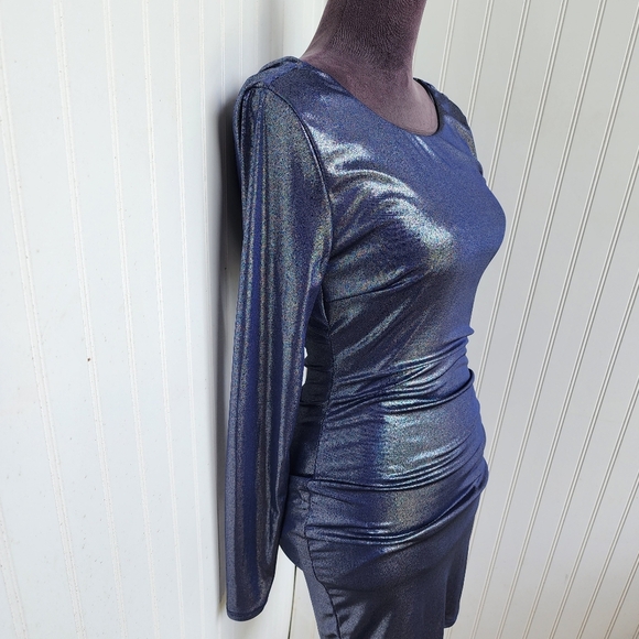 NWT Windsor Navy Blue Metallic Pencil Dress Long Sleeve Stretch Bodycon Bling S - Picture 4 of 16